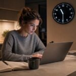 A young female founder working intently on a laptop at a modern kitchen island with a notebook beside her, coffee mug, and a digital wall clock in the background showing 11:30 PM.