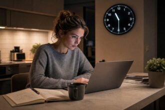 A young female founder working intently on a laptop at a modern kitchen island with a notebook beside her, coffee mug, and a digital wall clock in the background showing 11:30 PM.