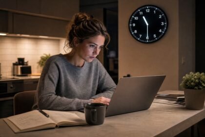 A young female founder working intently on a laptop at a modern kitchen island with a notebook beside her, coffee mug, and a digital wall clock in the background showing 11:30 PM.