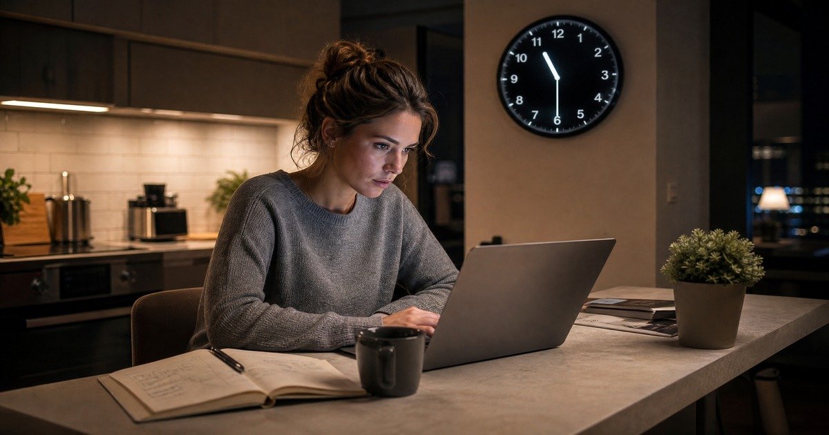 A young female founder working intently on a laptop at a modern kitchen island with a notebook beside her, coffee mug, and a digital wall clock in the background showing 11:30 PM.
