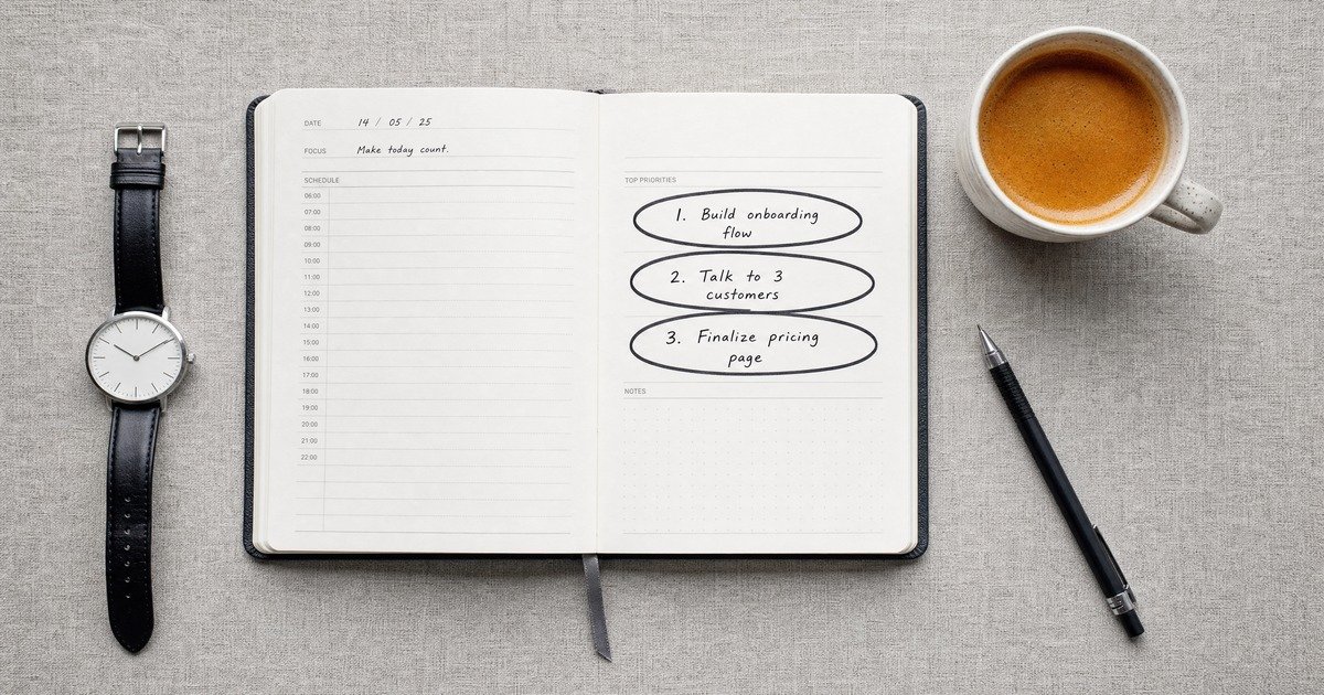 An open daily planner on a grey linen surface showing three circled priority tasks, a minimalist wristwatch, a mechanical pencil, and a cup of coffee representing the Big Three productivity system