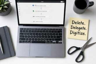 A clean desk flat-lay showing a laptop with a Zapier automation workflow on screen, a sticky note reading 'Delete. Delegate. Digitize.', a pair of scissors, a notebook, and a cup of coffee