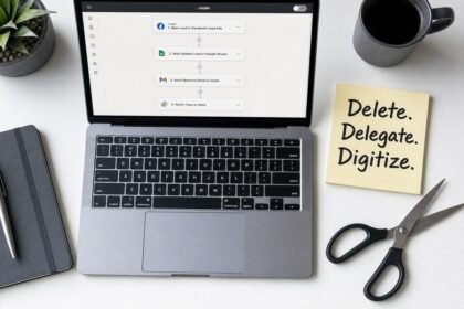A clean desk flat-lay showing a laptop with a Zapier automation workflow on screen, a sticky note reading 'Delete. Delegate. Digitize.', a pair of scissors, a notebook, and a cup of coffee