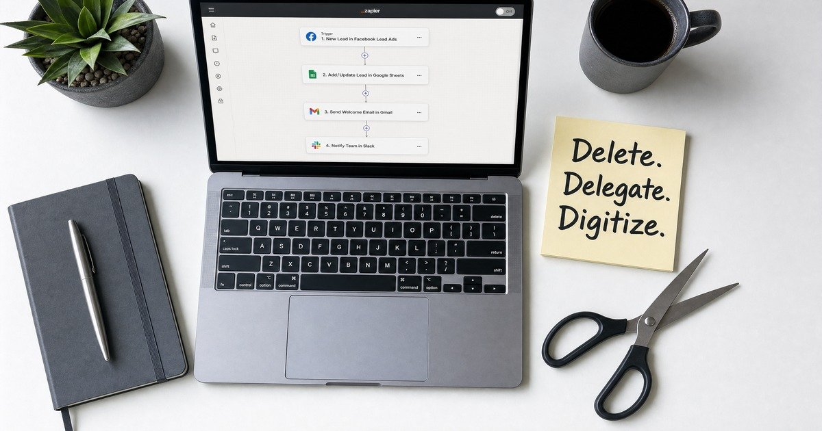 A clean desk flat-lay showing a laptop with a Zapier automation workflow on screen, a sticky note reading 'Delete. Delegate. Digitize.', a pair of scissors, a notebook, and a cup of coffee