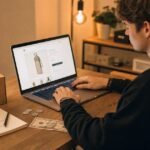 A young entrepreneur building a Shopify dropshipping store on a laptop beside a product sample box, a handwritten checklist, and coins representing a $45 budget