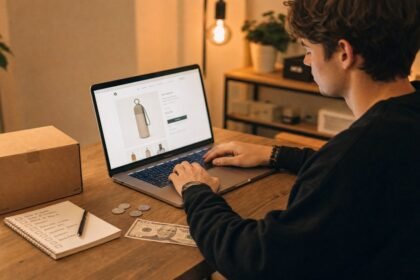 A young entrepreneur building a Shopify dropshipping store on a laptop beside a product sample box, a handwritten checklist, and coins representing a $45 budget