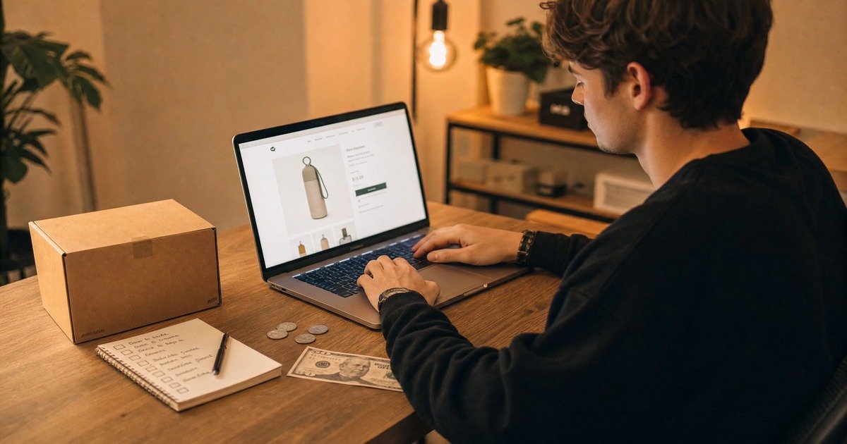 A young entrepreneur building a Shopify dropshipping store on a laptop beside a product sample box, a handwritten checklist, and coins representing a $45 budget