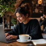 A young professional working on a laptop at a vibrant local coffee shop, with a warm cup of coffee, a notebook, and soft background chatter.