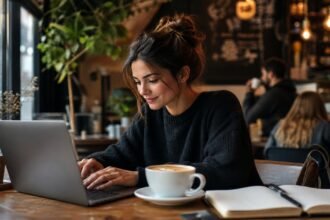 A young professional working on a laptop at a vibrant local coffee shop, with a warm cup of coffee, a notebook, and soft background chatter.