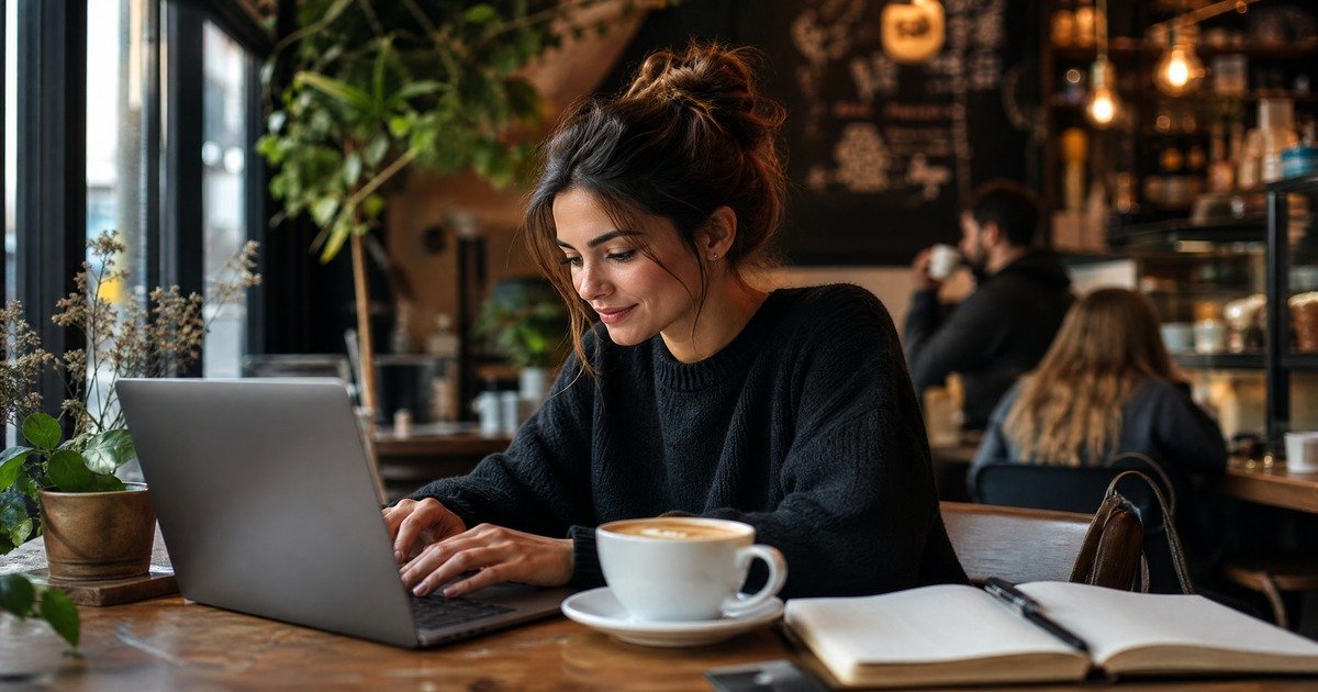 A young professional working on a laptop at a vibrant local coffee shop, with a warm cup of coffee, a notebook, and soft background chatter.