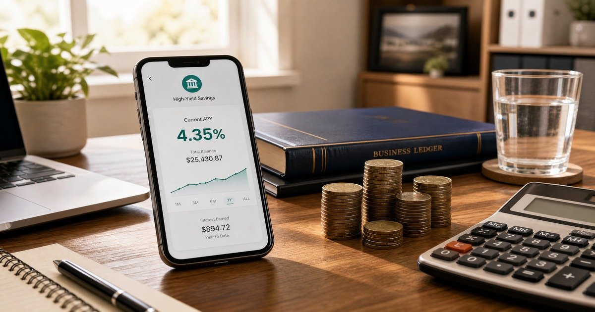 A modern wooden office desk with a smartphone showing a high-yield savings account interest rate, a neat stack of coins next to a calculator, a business ledger book, and a clean glass of water.
