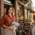 A confident small business owner standing in front of her local storefront on a sunny main street, holding a stack of professional flyers beside a Grand Opening chalkboard sign