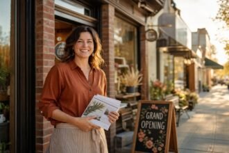 A confident small business owner standing in front of her local storefront on a sunny main street, holding a stack of professional flyers beside a Grand Opening chalkboard sign