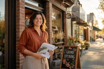 A confident small business owner standing in front of her local storefront on a sunny main street, holding a stack of professional flyers beside a Grand Opening chalkboard sign