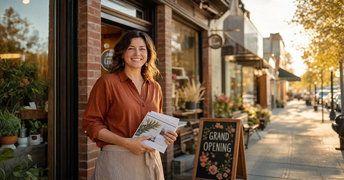 A confident small business owner standing in front of her local storefront on a sunny main street, holding a stack of professional flyers beside a Grand Opening chalkboard sign
