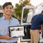 A confident young entrepreneur holding a tablet showing a service booking website, standing in a sunny suburban driveway while a contractor loads equipment into a white service van in the background
