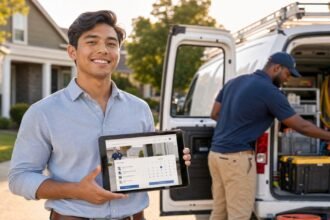 A confident young entrepreneur holding a tablet showing a service booking website, standing in a sunny suburban driveway while a contractor loads equipment into a white service van in the background