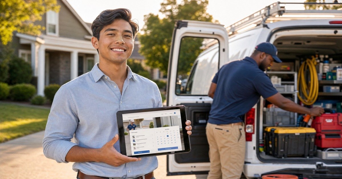 A confident young entrepreneur holding a tablet showing a service booking website, standing in a sunny suburban driveway while a contractor loads equipment into a white service van in the background