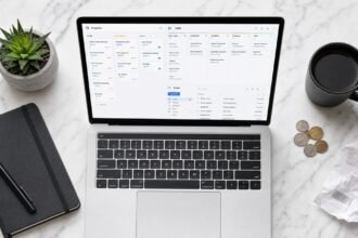 Overhead flat-lay of a laptop showing a CRM dashboard and project management tools on a marble desk with coins and a receipt