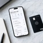 A smartphone showing a Novo business banking dashboard beside a Mercury Visa business card, cash flow notebook, and coffee on a marble desk