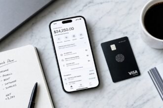 A smartphone showing a Novo business banking dashboard beside a Mercury Visa business card, cash flow notebook, and coffee on a marble desk