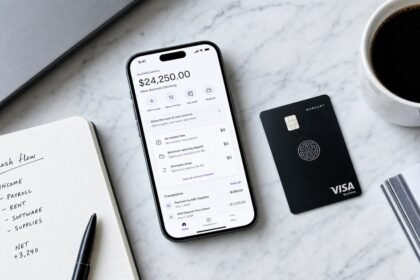 A smartphone showing a Novo business banking dashboard beside a Mercury Visa business card, cash flow notebook, and coffee on a marble desk