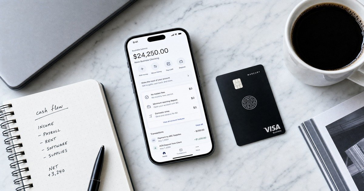 A smartphone showing a Novo business banking dashboard beside a Mercury Visa business card, cash flow notebook, and coffee on a marble desk