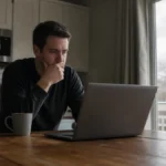 A man sitting alone at a kitchen table staring at a laptop screen showing his bank balance, with a coffee mug nearby and overcast light through the window.