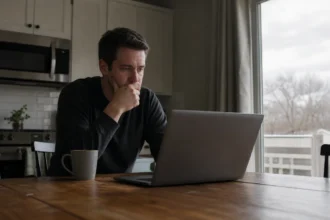 A man sitting alone at a kitchen table staring at a laptop screen showing his bank balance, with a coffee mug nearby and overcast light through the window.