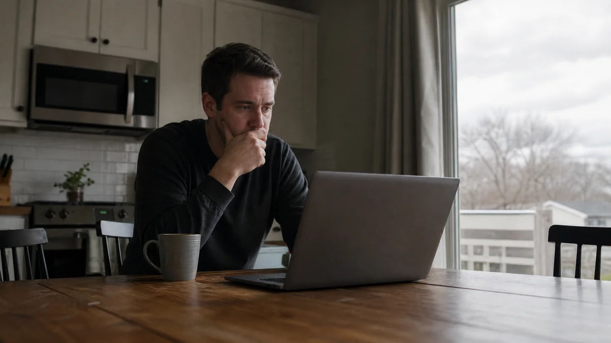 A man sitting alone at a kitchen table staring at a laptop screen showing his bank balance, with a coffee mug nearby and overcast light through the window.