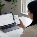 A person reviewing a high-yield savings account app showing 4.5% APY on a smartphone, with a laptop and notebook on a clean desk.