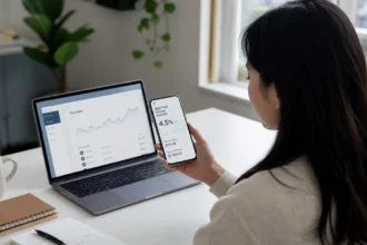 A person reviewing a high-yield savings account app showing 4.5% APY on a smartphone, with a laptop and notebook on a clean desk.