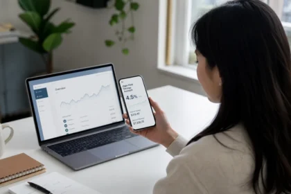 A person reviewing a high-yield savings account app showing 4.5% APY on a smartphone, with a laptop and notebook on a clean desk.