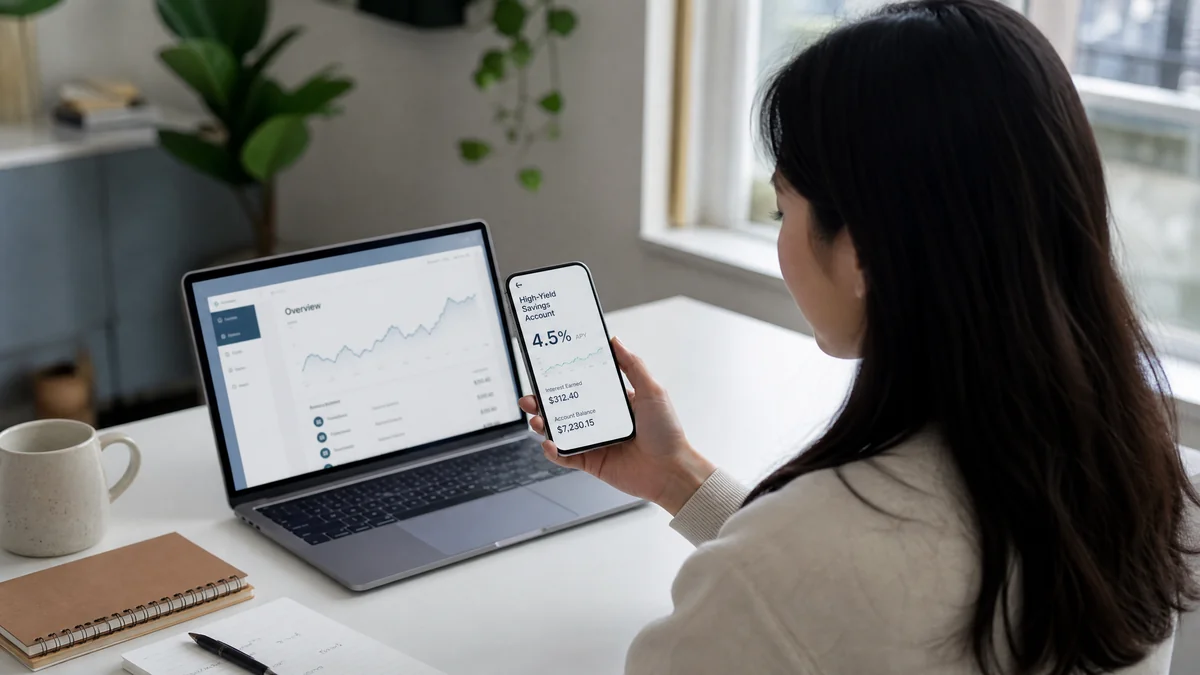 A person reviewing a high-yield savings account app showing 4.5% APY on a smartphone, with a laptop and notebook on a clean desk.