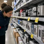 A shopper examining appliance price tags in a store aisle, illustrating the impact of 2026 tariffs on consumer goods prices.