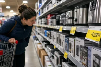 A shopper examining appliance price tags in a store aisle, illustrating the impact of 2026 tariffs on consumer goods prices.