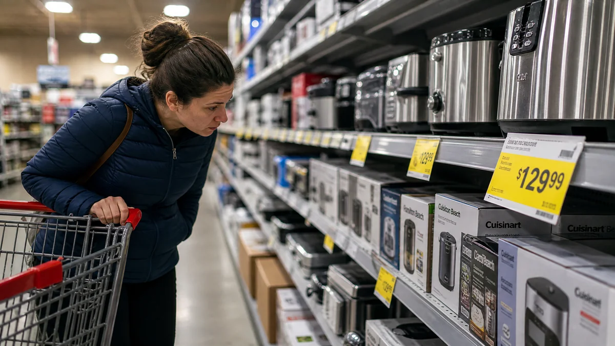 A shopper examining appliance price tags in a store aisle, illustrating the impact of 2026 tariffs on consumer goods prices.