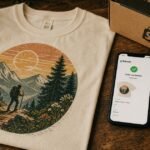 A flat-lay of a cream-colored t-shirt with a retro vintage hiking trail graphic on a rustic wooden surface, beside a smartphone showing a Printify order confirmation, a Shopify shipping box, and scattered coins representing zero upfront cost