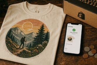 A flat-lay of a cream-colored t-shirt with a retro vintage hiking trail graphic on a rustic wooden surface, beside a smartphone showing a Printify order confirmation, a Shopify shipping box, and scattered coins representing zero upfront cost