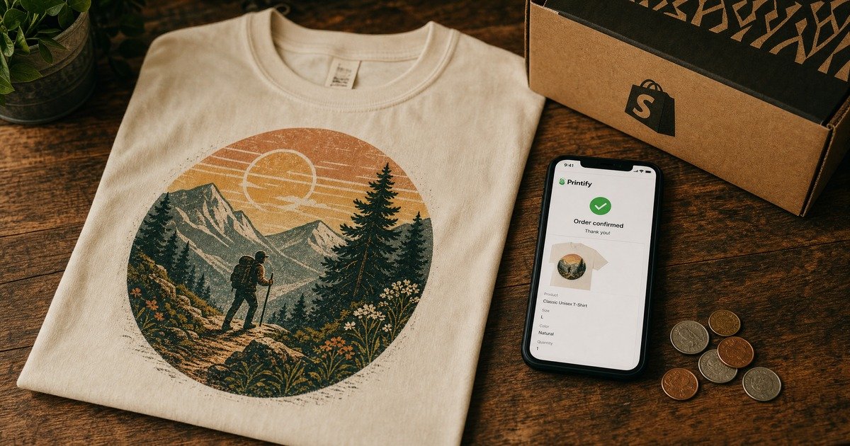A flat-lay of a cream-colored t-shirt with a retro vintage hiking trail graphic on a rustic wooden surface, beside a smartphone showing a Printify order confirmation, a Shopify shipping box, and scattered coins representing zero upfront cost