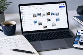 A modern desk showing a laptop with the Buffer social media scheduling dashboard open, a smartphone displaying an Instagram feed, a handwritten weekly content plan notebook, and a cup of coffee