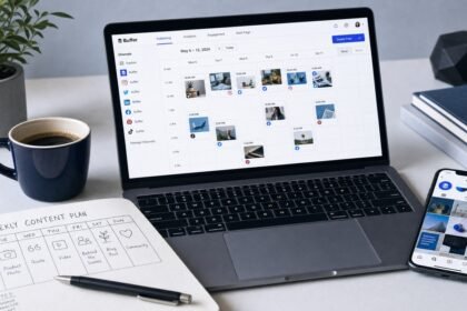 A modern desk showing a laptop with the Buffer social media scheduling dashboard open, a smartphone displaying an Instagram feed, a handwritten weekly content plan notebook, and a cup of coffee
