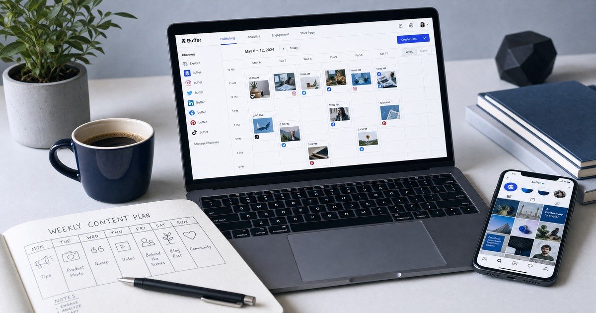A modern desk showing a laptop with the Buffer social media scheduling dashboard open, a smartphone displaying an Instagram feed, a handwritten weekly content plan notebook, and a cup of coffee