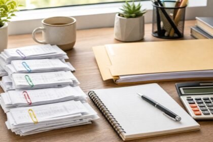A neat pile of receipts organized by color-coded paperclips next to an open notebook with a pen, a calculator, and a tax document folder.