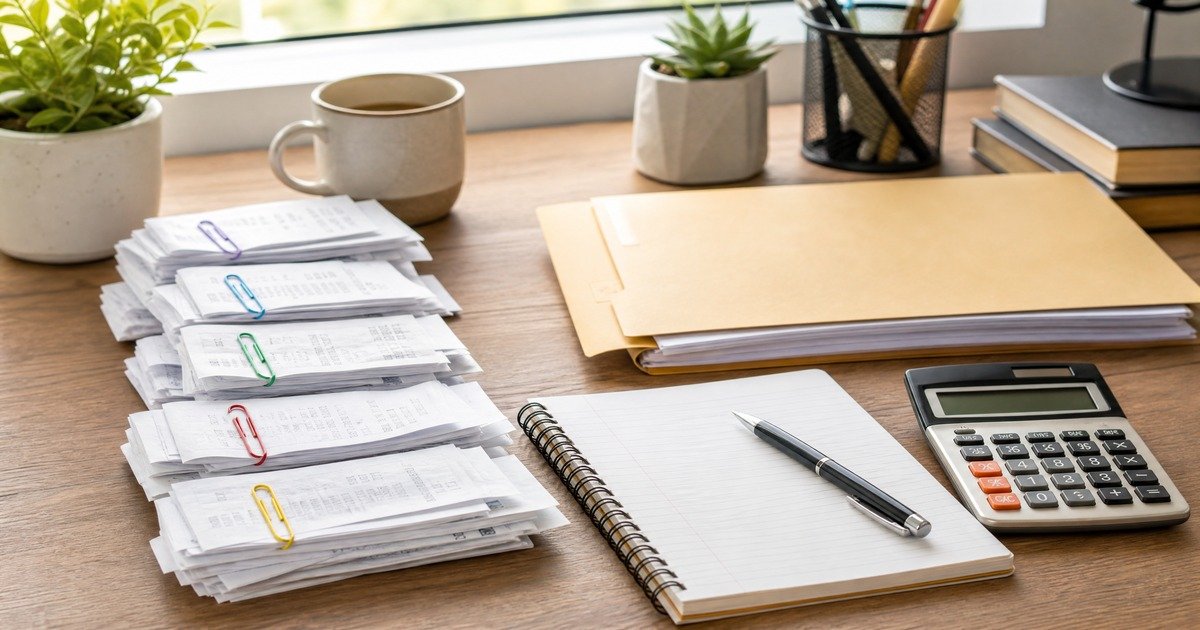 A neat pile of receipts organized by color-coded paperclips next to an open notebook with a pen, a calculator, and a tax document folder.