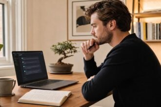 A focused entrepreneur at a minimal desk reviewing a ChatGPT conversation on a laptop, with an open notebook beside them