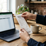 Hands holding a store receipt next to a laptop and pencil while planning a household budget