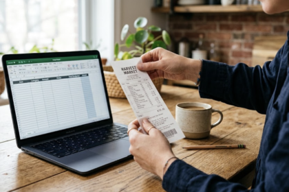 Hands holding a store receipt next to a laptop and pencil while planning a household budget