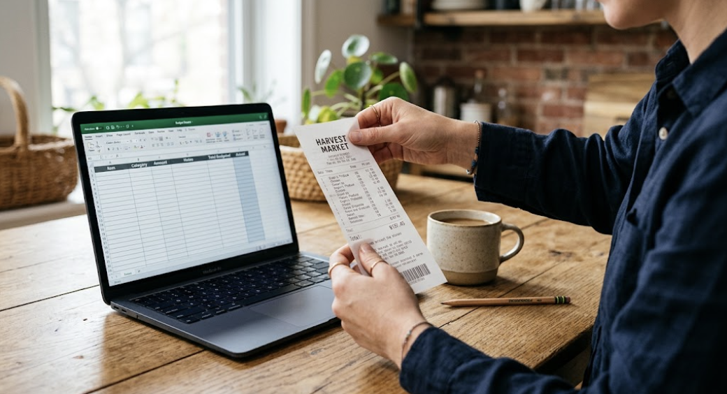 Hands holding a store receipt next to a laptop and pencil while planning a household budget