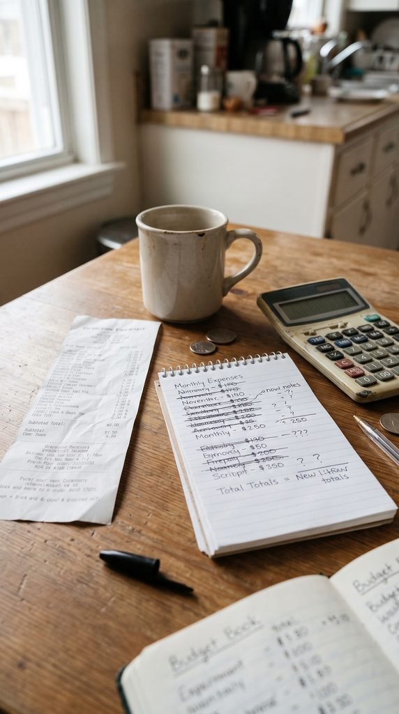 Grocery receipt, notepad of crossed-out monthly expenses, calculator, and coins on a wooden table beside a coffee mug